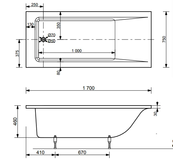 Ванна из литьевого мрамора Эстет Дельта 170x75 см белая глянцевая ФР-00001681 (детальная фотография), современныe, hi-tech