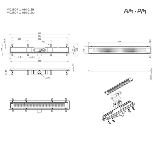Душевой лоток Am.Pm PrimeFlow 80 см хром матовый W02SC-P11-080-01SB (детальная фотография), душевой лоток