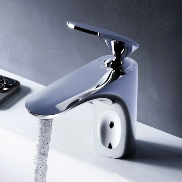 Смеситель для раковины AM.PM Sensation хром F3082164 (детальная фотография), округлая форма, с донным клапаном