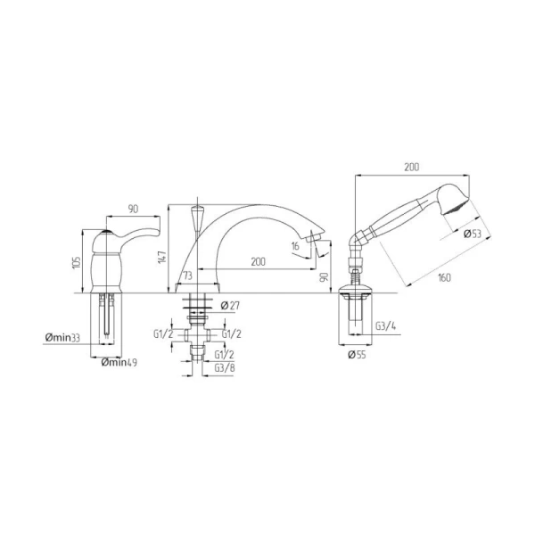 Смеситель для ванны Migliore Lem Swarovski 188 на 3 отверстия (детальная фотография), для ванны