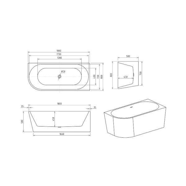 Ванна акриловая Royal Bath Riva RB610312L-GD/RB610312R-GD, 180 x 80 см, левая/правая, цвет белый (детальная фотография), асимметричные