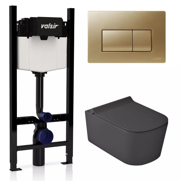 Унитаз с инсталляцией Valsir MEG11PRO с клавишей матовое золото KIT VSMG 5486NEMT Slim P1 (детальная фотография)