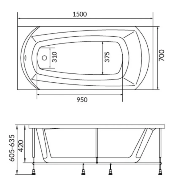 Ванна акриловая Creto Elegia 29-15070, 150 x 70, белый (детальная фотография), акриловые