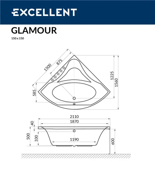 Ванна акриловая Excellent Glamour 150 х 150 см, цвет белый, WAEX.GLA15WH (детальная фотография), угловые, приставные, встраиваемые