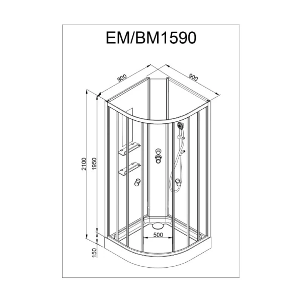 Душевая кабина Deto EM 90x90 см с led подсветкой EM1590NLED (детальная фотография), полукруглые, четверть круга