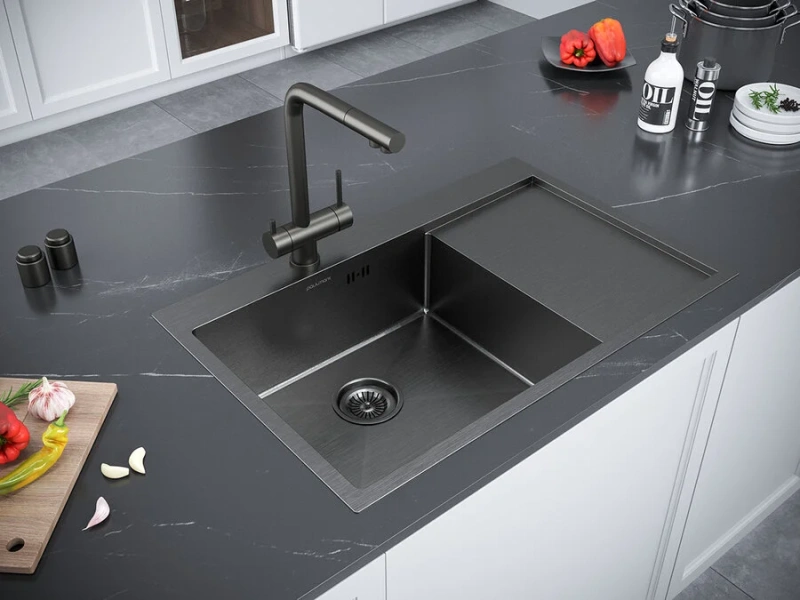 Мойка для кухни Paulmark Atlan 78 см вороненая сталь, правая PM217851-GMR (детальная фотография), прямоугольной формы