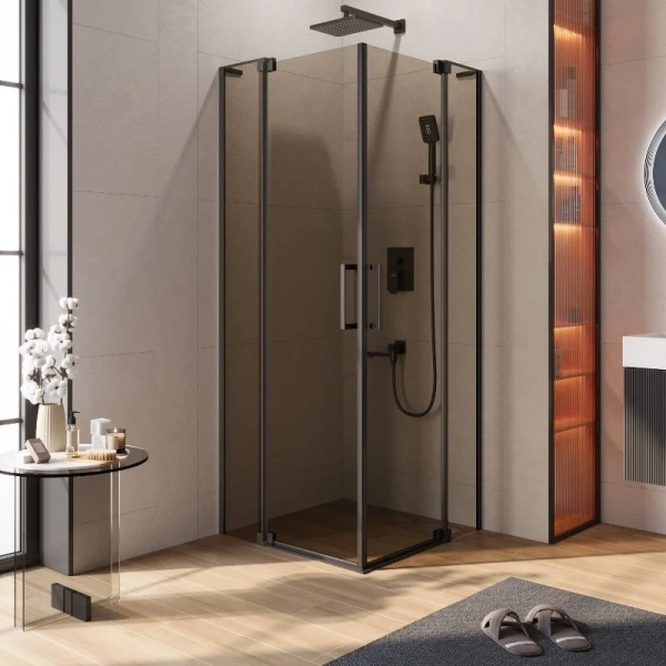 Душевой уголок Cezares Slider 90x90 см стекло бронзовое профиль черный SLIDER-A-2-80/90-BR-NERO (детальная фотография)