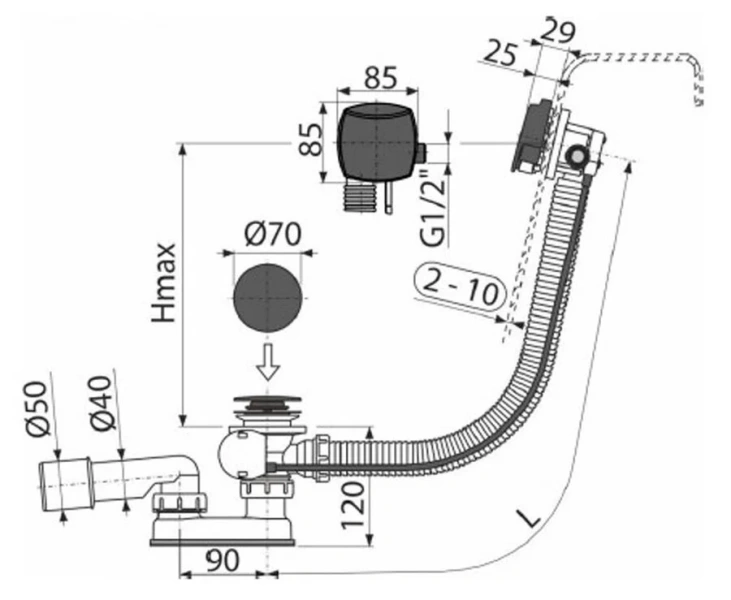 Слив-перелив для ванны Alcaplast A564BLACK (детальная фотография), полуавтомат