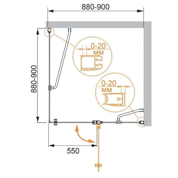 Душевой уголок Cezares Elena 90x90 см стекло рифленое левосторонний ELENA-W-A-12-90-P-Cr-L (детальная фотография), квадратные