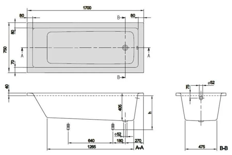 Акриловая ванна Villeroy&Boch Targa Plus Solo 170 х 75 см, UBA171NES2V01 UBA171NES2V-01 (детальная фотография), акриловые