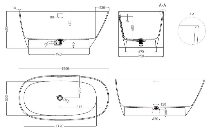Ванна из искусственного камня Salini Sofia 150x75 см отдельностоящая 102528M (детальная фотография), искусственный камень
