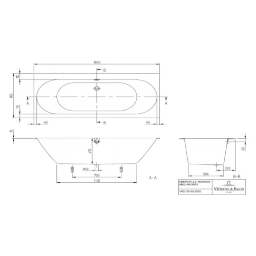 Ванна квариловая Villeroy & Boch Oberon 2.0 180х80 см со сливом-переливом UBQ180OBR2DV-01 (детальная фотография), в наличии