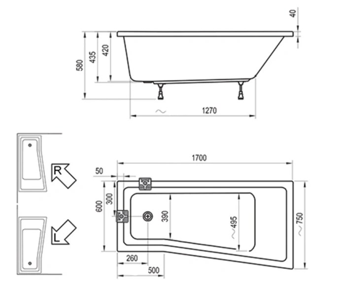 Ванна акриловая, правый вариант, Ravak BeHappy II 170 C951000000 (детальная фотография) index_1