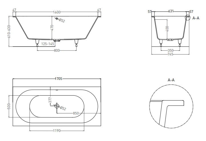 Ванна из искусственного камня Salini Ornella Axis 170x75 см прямоугольная 103423M (детальная фотография), современныe, hi-tech