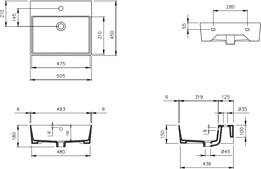 Раковина BERGES Ego 50 см белая 182002 (детальная фотография), квадратная