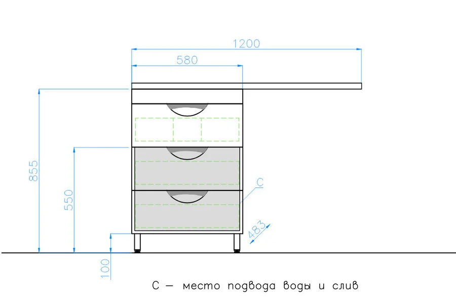 Тумба с раковиной напольная Style Line Жасмин ЛС-00000644 120 см с тремя ящиками (детальная фотография), в наличии
