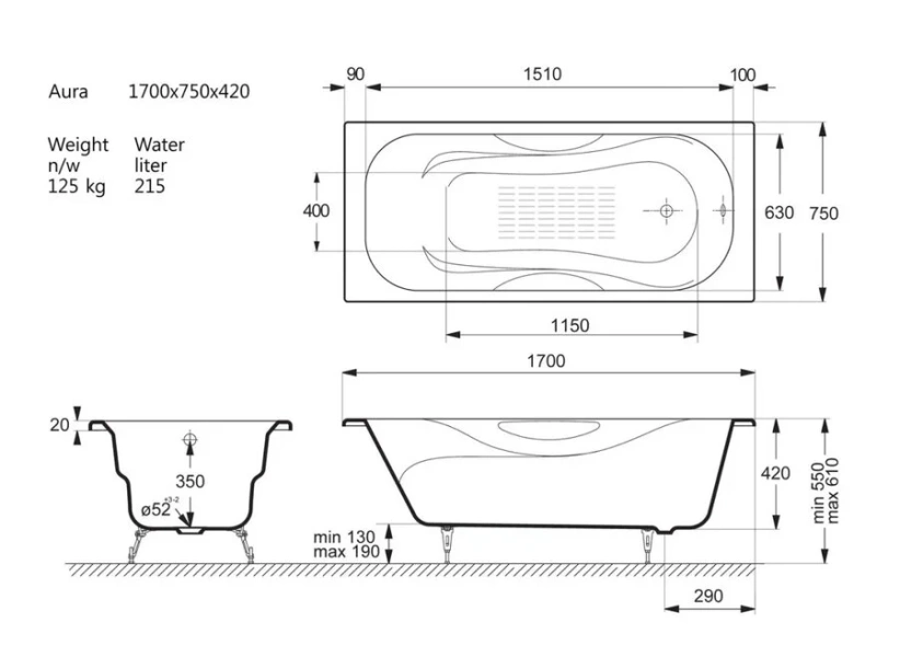 Чугунная ванна Vinsent Veron Aura VAU1707542-AS, 170 x 75 см, с антискользящим покрытием, цвет белый (детальная фотография), чугунные