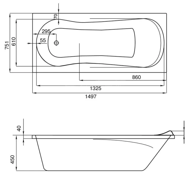 Ванна акриловая Santek Каледония 1.WH30.2.383, 150 х 75 см (детальная фотография), современныe, hi-tech