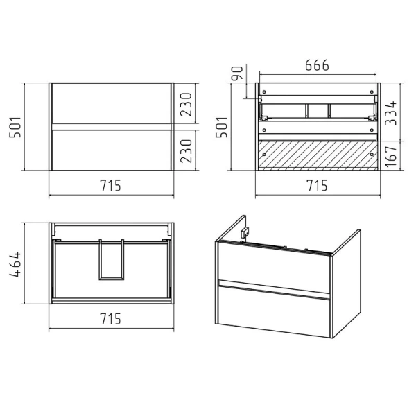 Тумба с раковиной подвесная Misty Алиса 75 см с двумя ящиками (детальная фотография), в наличии, нет в наличии