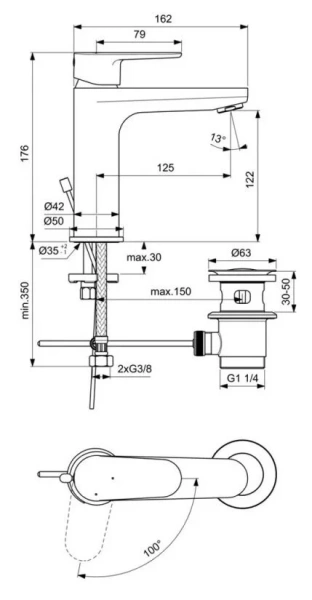 Смеситель для раковины Ideal Standard Cerafine O с металлическим донным клапаном BC702AA (детальная фотография), для раковины