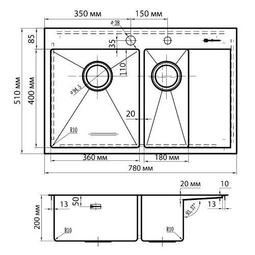 Мойка для кухни Omoikiri Akisame 78-2-IN-L 78 см нержавеющая сталь чаша слева 4973062 (детальная фотография), врезные
