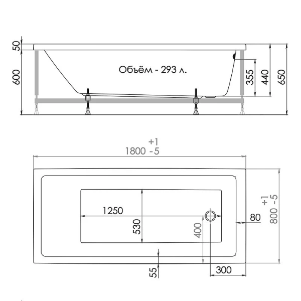 Ванна акриловая 1ACReal Palermo 180, 180 х 80 см, белая, BBA-PM188X0-00U Щ0000028758 (детальная фотография), акриловые