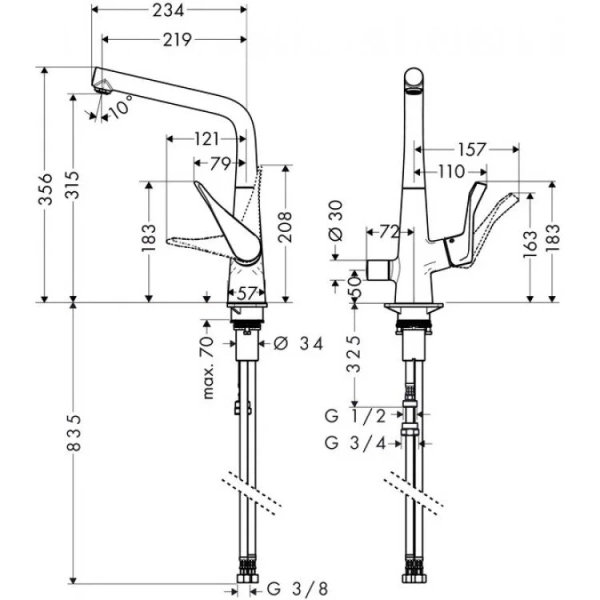 Смеситель для кухни Hansgrohe Metris 14888000 (детальная фотография), для питьевой воды с фильтром