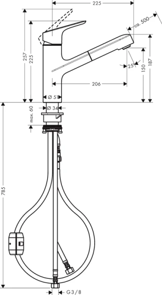 Смеситель для кухни Hansgrohe Focus M43 с вытяжным изливом, хром 71842000 (детальная фотография), хром
