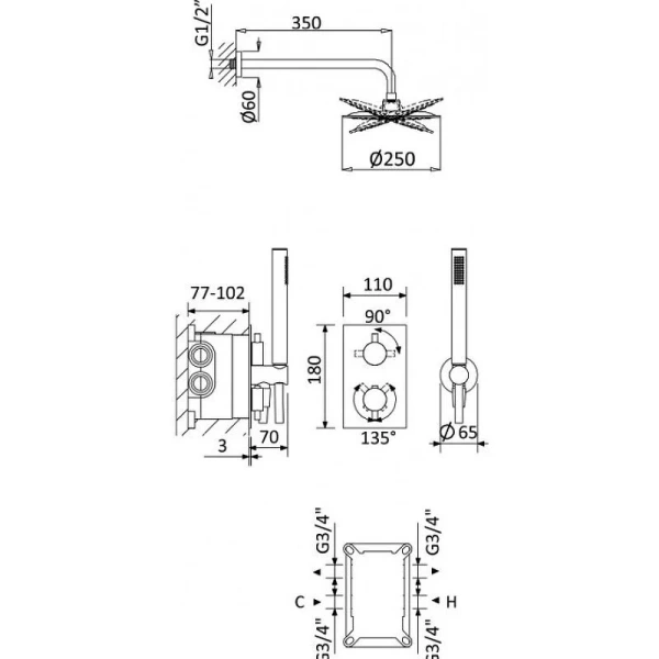 Душевой комплект Cezares Leaf Sunrise LEAF-DSIP-T-25-SR (детальная фотография), душевые комплекты, наборы