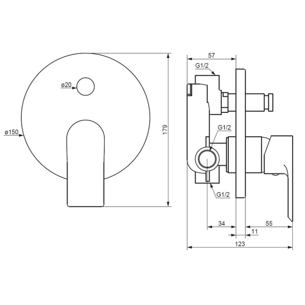 Смеситель для душа Damixa Apollo 477100 с внутренней частью (детальная фотография), для душа