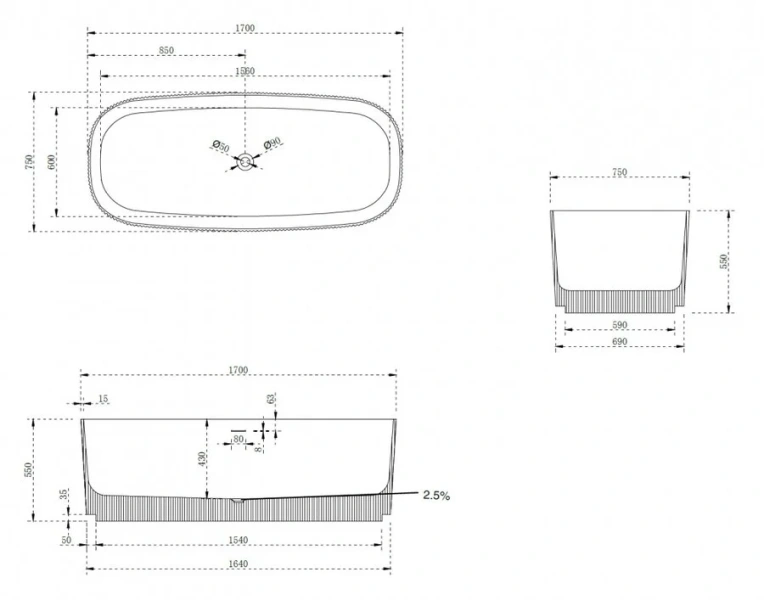 Ванна из искусственного камня Abber Stein 170x75 см белая матовая AS9601 (детальная фотография), без гидромассажа, большие