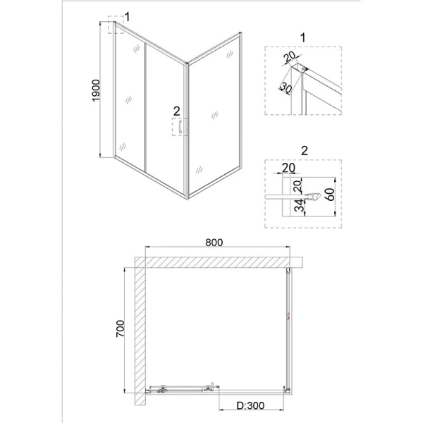 Душевой уголок Niagara Nova 80x70 см профиль черный NG-82-8AB-A70B (детальная фотография), прямоугольные