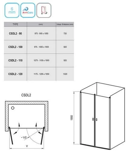 Душевые двери, профиль блестящий, Ravak Chrome CSDL2-90 0QV7CC0LZ1 (детальная фотография), в наличии index_1
