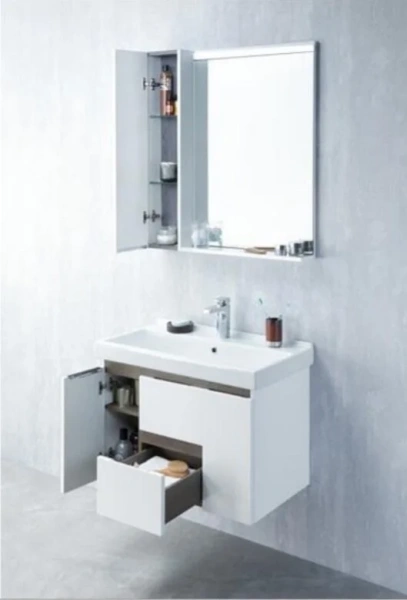 Тумба под раковину подвесная Акватон Рене 80 см белый глянцевый/грецкий орех 1A258601NRC80 (детальная фотография), комбинированная