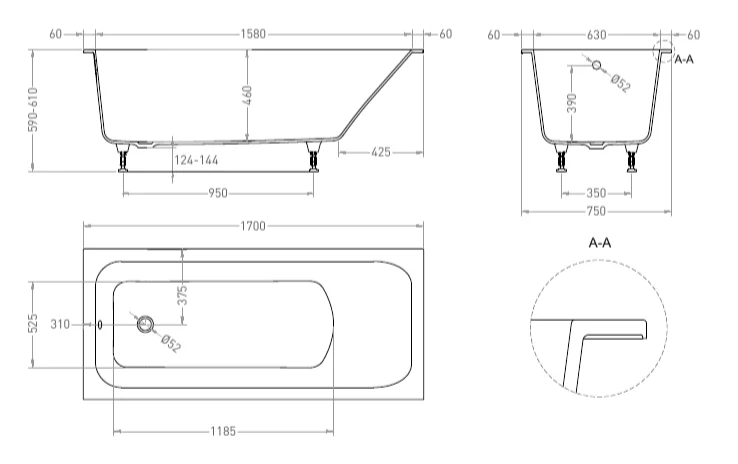 Ванна из искусственного камня Salini Orlanda 170x75 см прямоугольная 102027M (детальная фотография), искусственный камень
