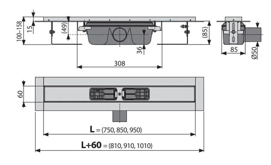 Душевой лоток Alcaplast APZ 75 см горизонтальный слив APZ1S-750 (детальная фотография), для монтажа в пол