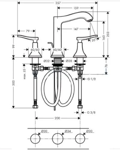 Смеситель для раковины хром-золото Hansgrohe Metropol Classic 31331090 (детальная фотография), двухвентильные