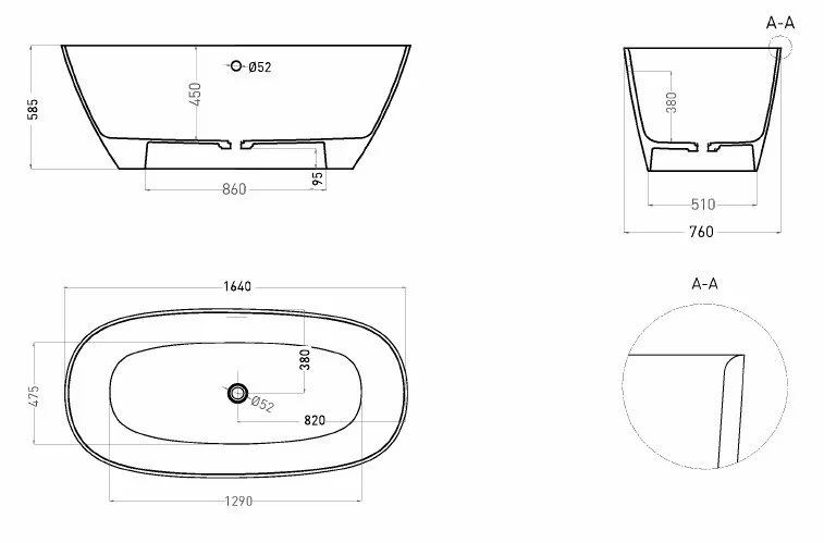 Ванна из искусственного камня Salini Sofia Light 165х75 см отдельностоящая 103711G (детальная фотография), искусственный камень