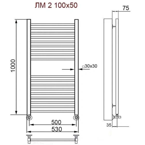 Полотенцесушитель водяной Ника Modern 100x50 см белый ЛМ 2 100/50 RAL9016 с вентилями (детальная фотография), для систем горячего водоснабжения, для систем отопления, с нижним подключением