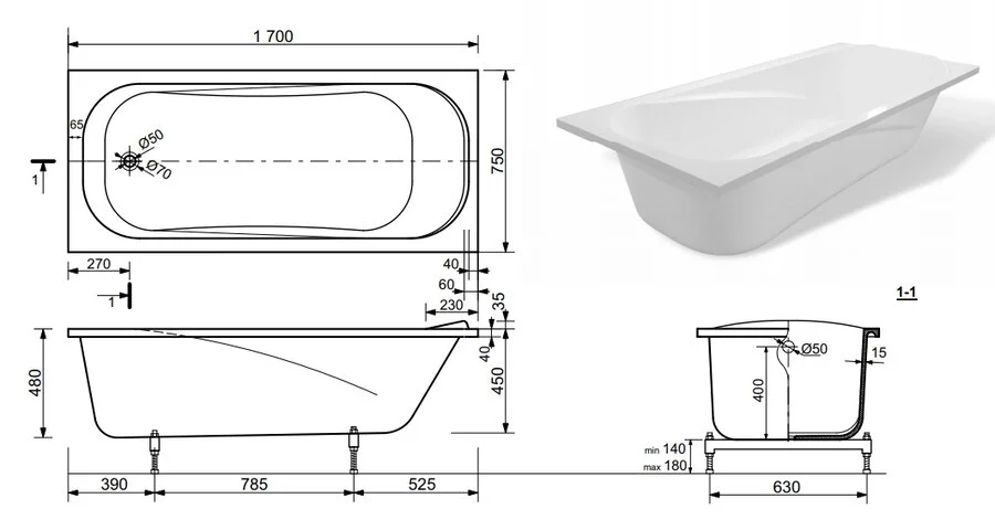 Ванна из литьевого мрамора Эстет Альфа 170х75 см белая глянцевая ФР-00001751 (детальная фотография), современныe, hi-tech