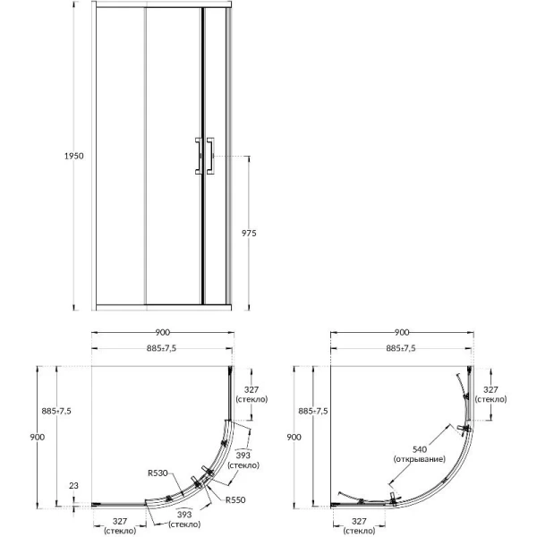 Душевой уголок Kerama Marazzi Vetro 90x90 см профиль черный стекло прозрачное VE.90.RSD.BLK.M (детальная фотография), полукруглые, четверть круга