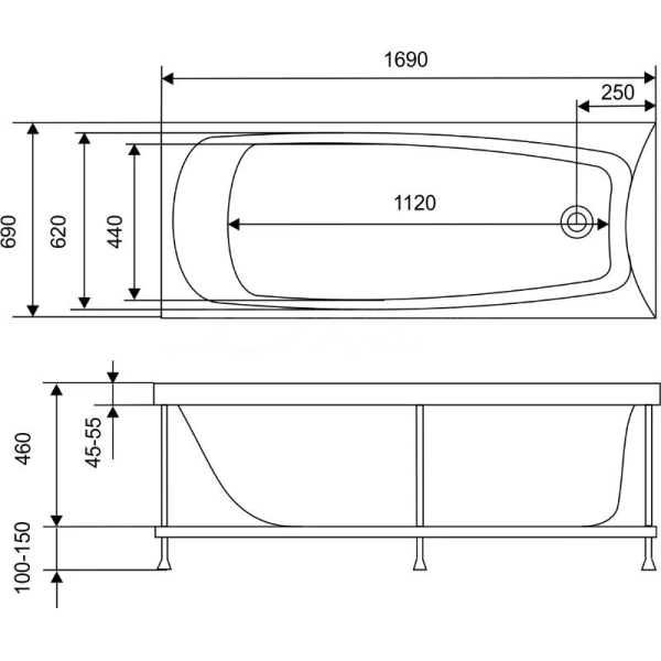 Ванна акриловая Diwo Смоленск 169 x 69 см, с каркасом, цвет белый 787391 (детальная фотография), акриловые