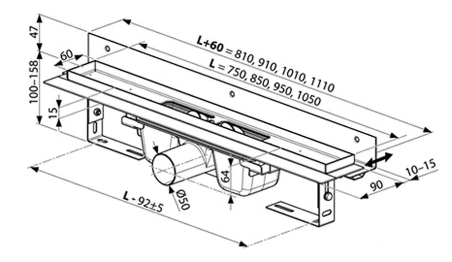 Душевой лоток Ravak Runway 85 см с решеткой X01628 (детальная фотография), с мокрым затвором