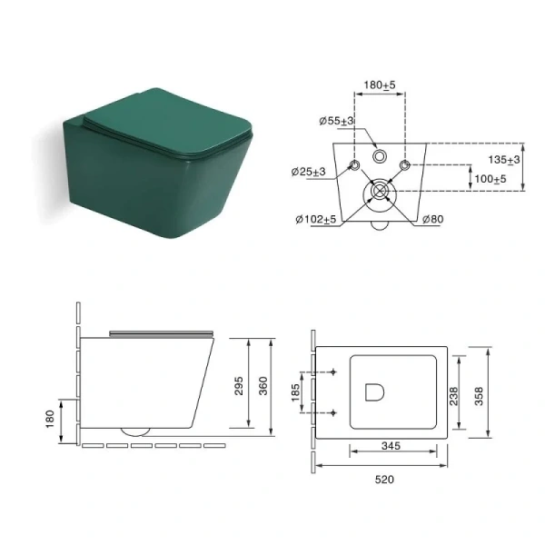 Унитаз подвесной SantiLine зеленый SL-5007G (детальная фотография), подвесные, встраиваемые