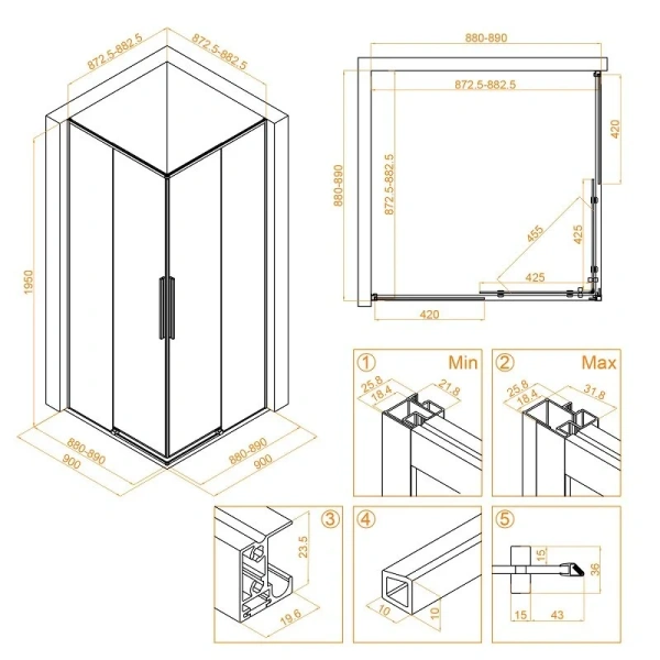 Душевой уголок RGW Stilvoll SV-31G 90x90 см профиль золото Brush, стекло прозрачное 32323199-16 (детальная фотография), квадратные