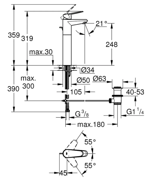 Смеситель для раковины Grohe Eurodisc Cosmopolitan 23055002 (детальная фотография), для раковины