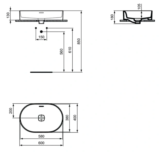 Раковина Ideal Standard Strada II 60 см без отверстия для смесителя T360401 (детальная фотография), современные, hi-tech