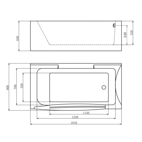 Акриловая ванна правосторонняя пристенная Gemy G9055 O R (детальная фотография), 180x90 см