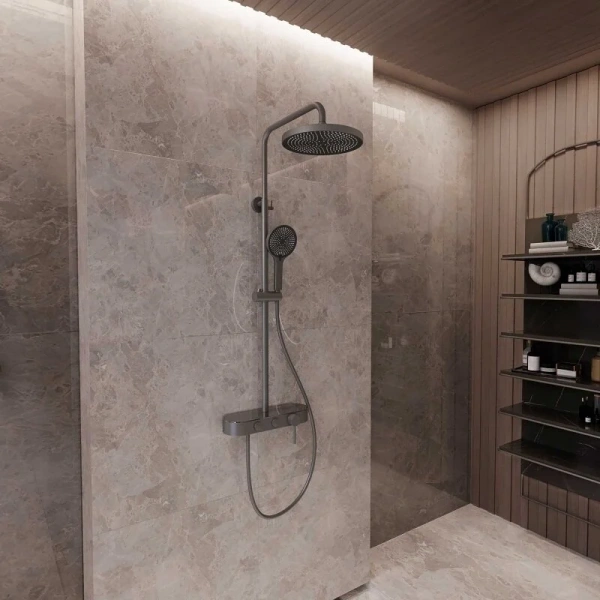 Душевая стойка Vincea вороненая сталь VSFS-402GM (детальная фотография), с тропическим душем