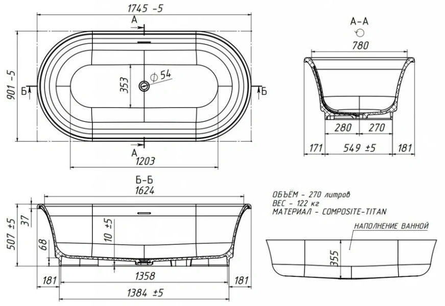 Ванна из искусственного камня Belux Колизей ВК 1750, 4810924267320, 170 x 75 см, белый (детальная фотография), современныe, hi-tech